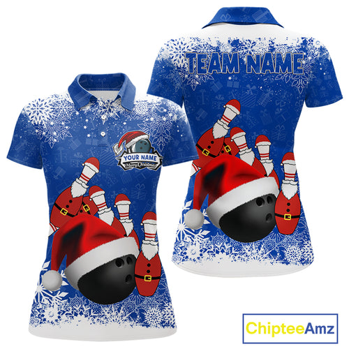 Womens bowling shirts Custom Funny Christmas snowflake Santa Bowling Ball pins Team Jersey | Blue NQS11142