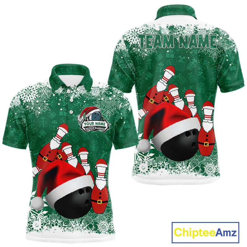 Mens bowling shirts Custom Funny Christmas snowflake Santa Bowling Ball pins Team Jersey | Green NQS11143