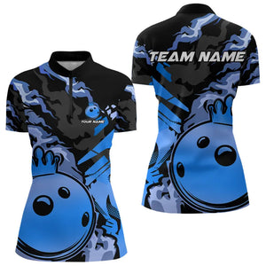 Blue Camo Bowling Polo, Quarter Zip Shirts for Women Custom Bowling Team jerseys, Gift For Bowlers NQS9294