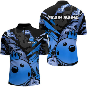 Blue Camo Bowling Polo, Quarter Zip Shirts for Men Custom Bowling Team jerseys, Gift For Bowlers NQS9294