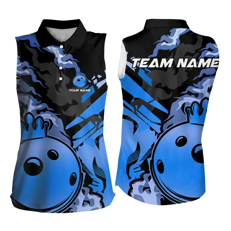 Blue Camo Bowling Sleeveless Polo Shirt Custom Bowling Team jerseys, Gift For Bowlers NQS9294