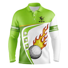 Load image into Gallery viewer, White and green Mens golf polo shirts custom golf ball fire mens golf apparel, green golf tops NQS7378