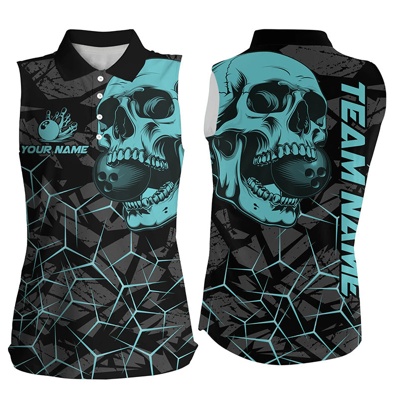 Black Skull camo bowling Sleeveless Polo shirts custom bowling team jerseys | Turquoise NQS7567