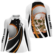 Load image into Gallery viewer, Black and white Golf Skull Womens golf polos shirts custom golf attire for ladies golfer gift | Orange NQS7951