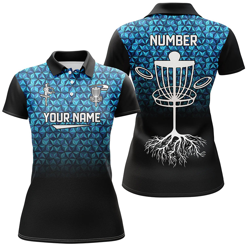 Womens golf polos shirts custom Blue diamond pattern disc golf basket jerseys, disc golf attire NQS7965