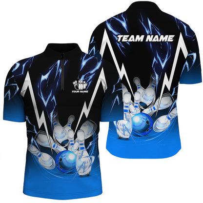Black and Blue Lightning thunder Custom Bowling Polo, Quarter zip shirts For men, Team Bowling jerseys NQS8171