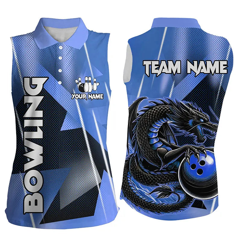 Black And Blue Custom Dragon Bowling sleeveless polo Shirts For Women, Dragon Bowling Team Shirts NQS8381