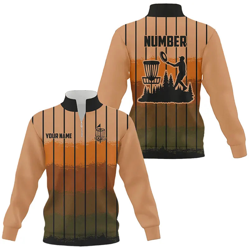 Orange stripe Retro disc golf Quarter zip sweatshirt custom name and number disc golf sweater NQS9080