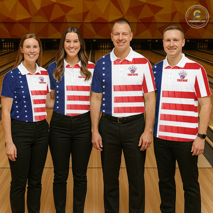 Red, White and Blue American Flag Bowling Shirts For Women Custom Patriotic Bowling Team Jerseys NQS11157