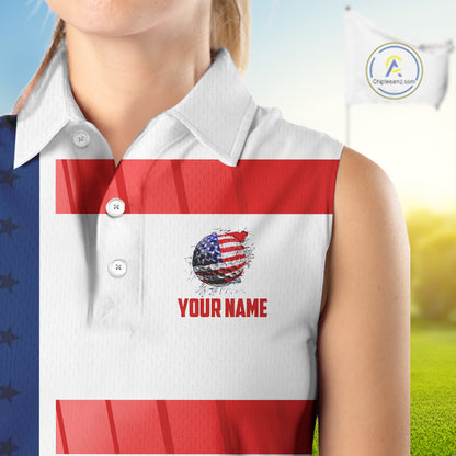 Red, White and Blue American Flag Sleeveless Polo Shirts Custom Patriotic Team Ladies Golf Outfit NQS11158