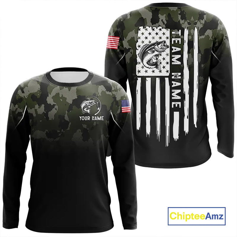 Black green camo American Flag Custom Largemouth Bass Fishing team shirts, bass fishing jerseys NQS11359