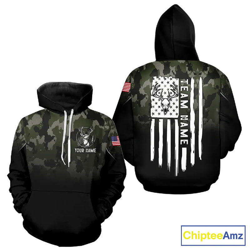 Black green camo American Flag Customize Name Patriotic Deer Hunting 3D All Over Printed Shirts NQS11360
