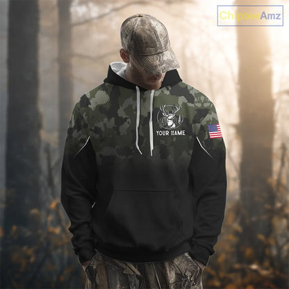 Black green camo American Flag Customize Name Patriotic Deer Hunting 3D All Over Printed Shirts NQS11360