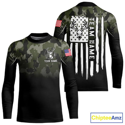 Black green camo American Flag Customize Name Patriotic Deer Hunting 3D All Over Printed Shirts NQS11360