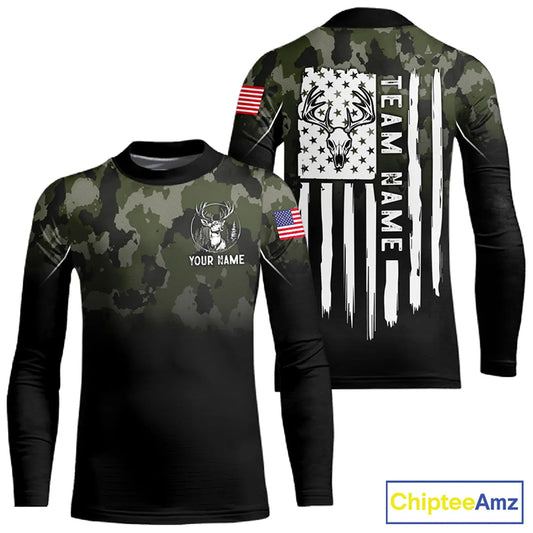 Black green camo American Flag Customize Name Patriotic Deer Hunting 3D All Over Printed Shirts NQS11360