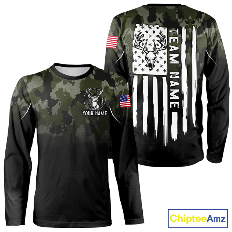 Black green camo American Flag Customize Name Patriotic Deer Hunting 3D All Over Printed Shirts NQS11360