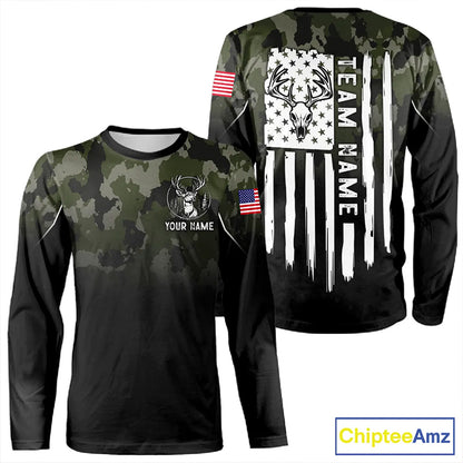 Black green camo American Flag Customize Name Patriotic Deer Hunting 3D All Over Printed Shirts NQS11360
