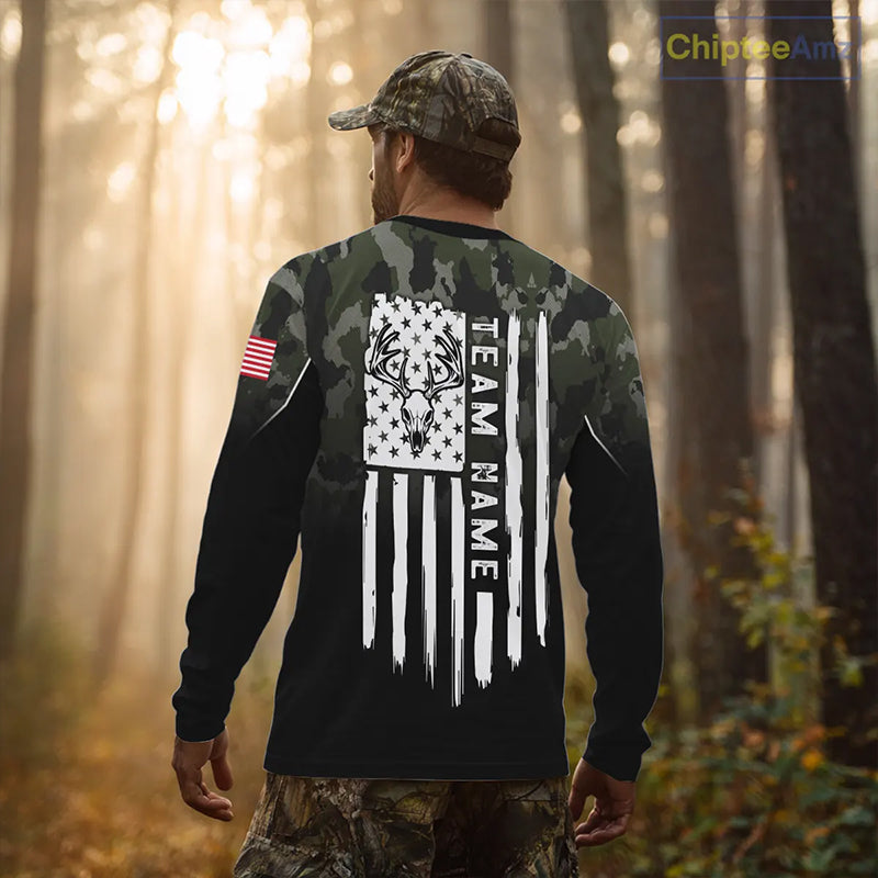 Black green camo American Flag Customize Name Patriotic Deer Hunting 3D All Over Printed Shirts NQS11360