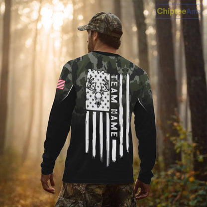 Black green camo American Flag Customize Name Patriotic Deer Hunting 3D All Over Printed Shirts NQS11360