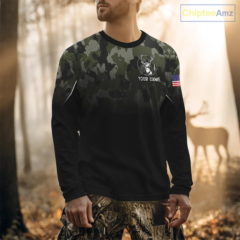 Black green camo American Flag Customize Name Patriotic Deer Hunting 3D All Over Printed Shirts NQS11360