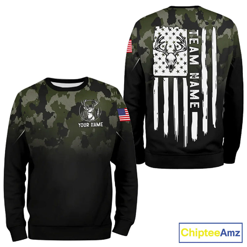Black green camo American Flag Customize Name Patriotic Deer Hunting 3D All Over Printed Shirts NQS11360