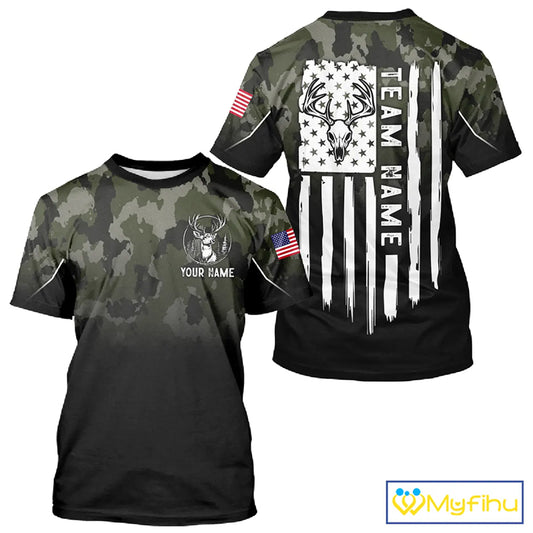 Black green camo American Flag Customize Name Patriotic Deer Hunting 3D All Over Printed Shirts NQS11360