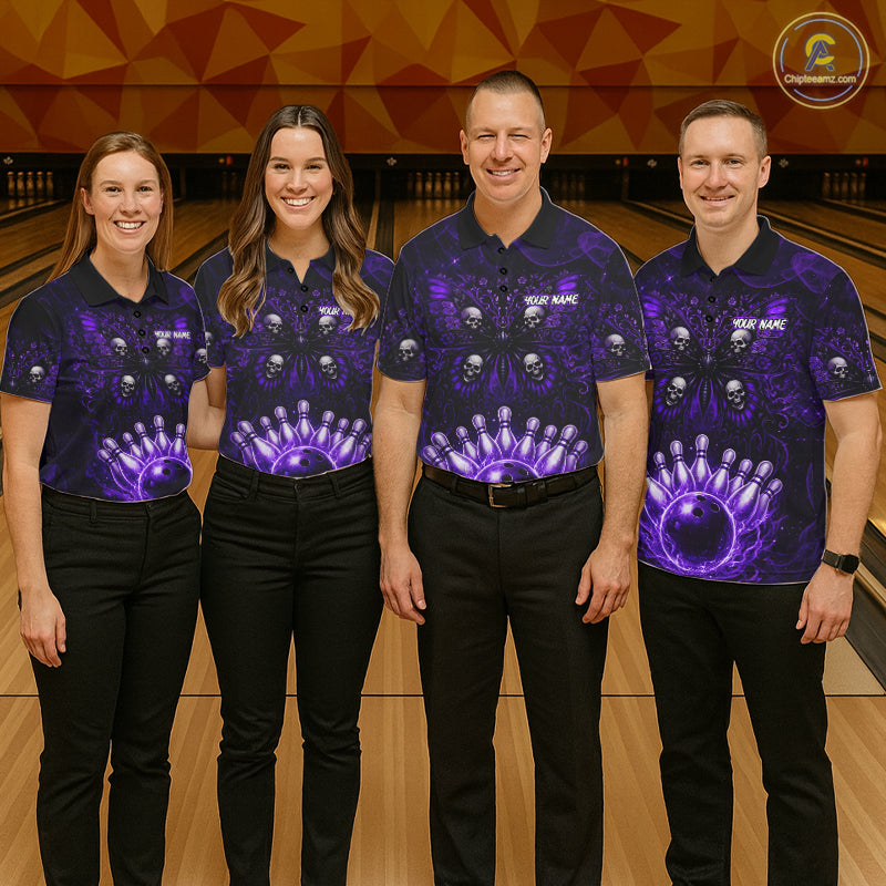 Personalized Black & Purple bowling jersey Butterfly skull Bowling Team Shirts, bowling gifts for men NQS11367