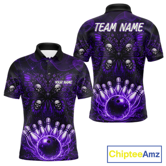 Personalized Black & Purple bowling jersey Butterfly skull Bowling Team Shirts, bowling gifts for men NQS11367
