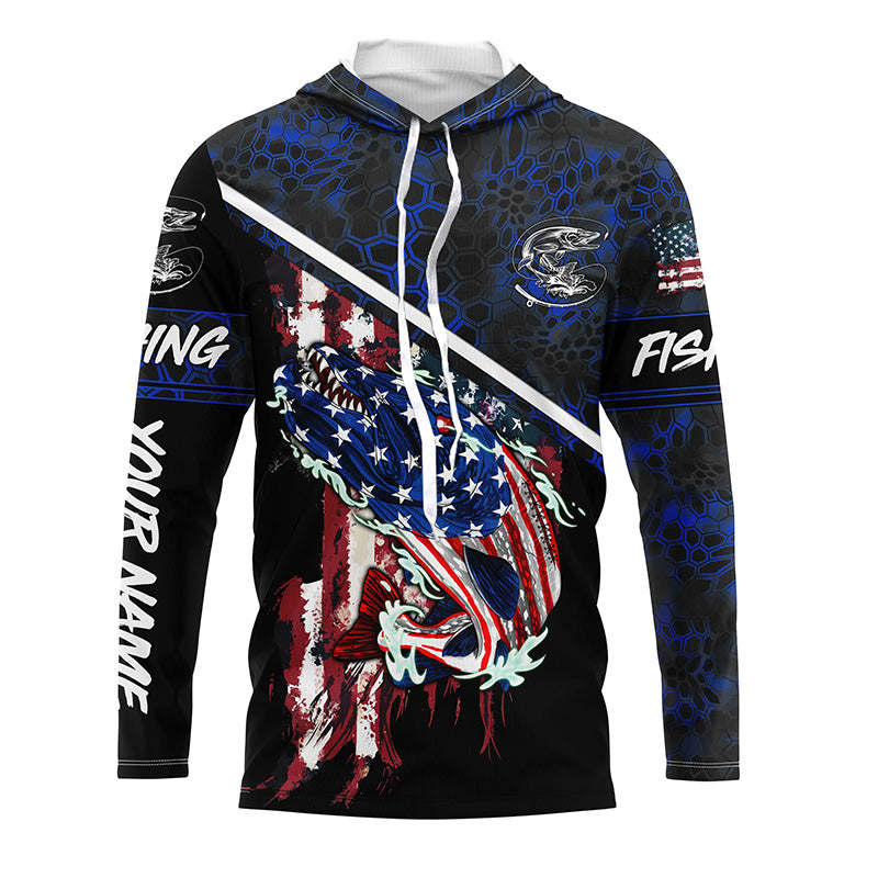 American Flag Northern pike fishing blue camo Custom name long sleeve Fishing Shirts NQS4822