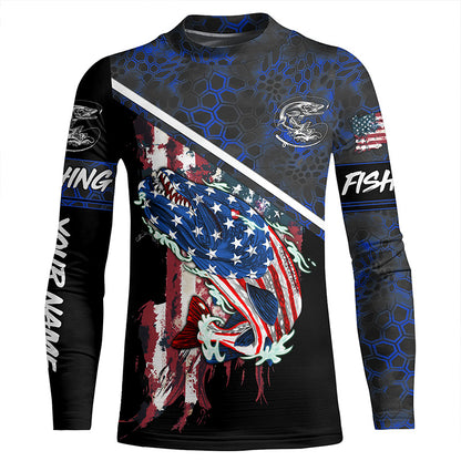 American Flag Northern pike fishing blue camo Custom name long sleeve Fishing Shirts NQS4822