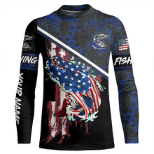 Load image into Gallery viewer, American Flag Northern pike fishing blue camo Custom name long sleeve Fishing Shirts NQS4822