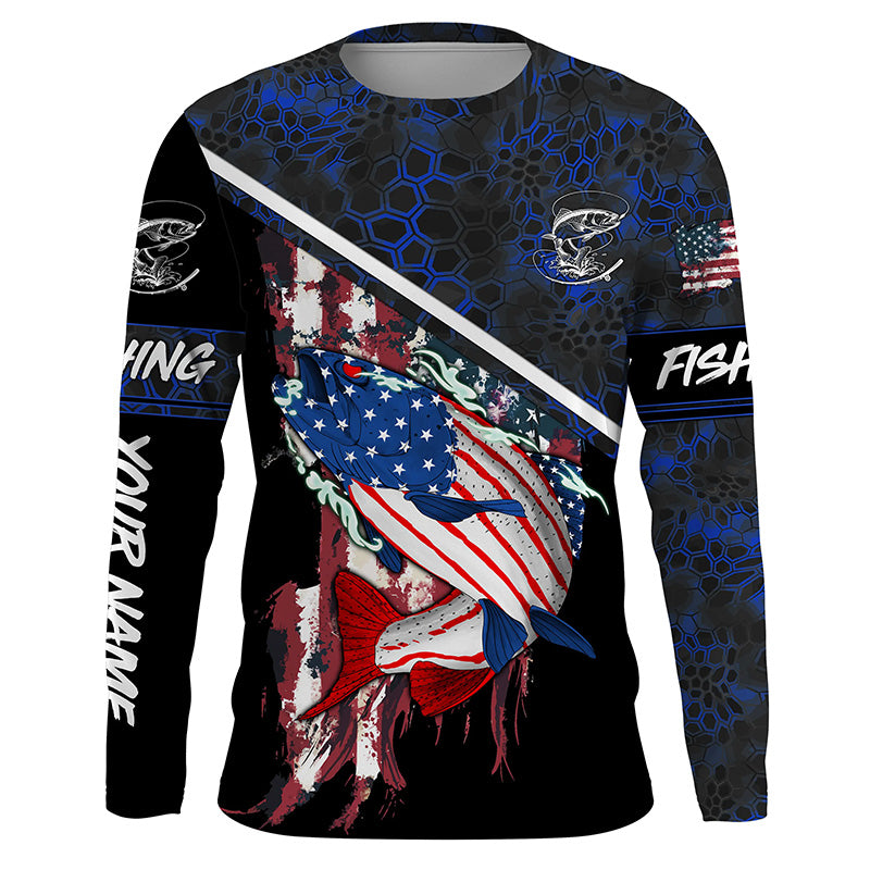 American Flag trout fishing blue camo Custom name trout long sleeve Fishing Shirts NQS4823