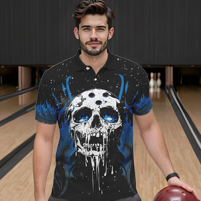 Custom Black and Blue Flame Galaxy Skull Bowling Shirts for Men, Skull Bowling Team Shirts Uniform NQS9622