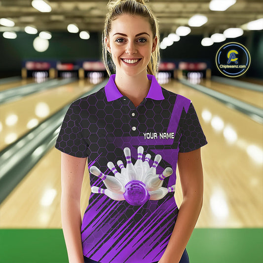 Black And Purple Custom Bowling Polo, Quarter Zip Shirts For Women, Bowling Team League Jersey NQS9811