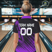 Load image into Gallery viewer, Black And Purple Custom Bowling Polo, Quarter Zip Shirts For Women, Bowling Team League Jersey NQS9811