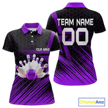 Load image into Gallery viewer, Black And Purple Custom Bowling Polo, Quarter Zip Shirts For Women, Bowling Team League Jersey NQS9811