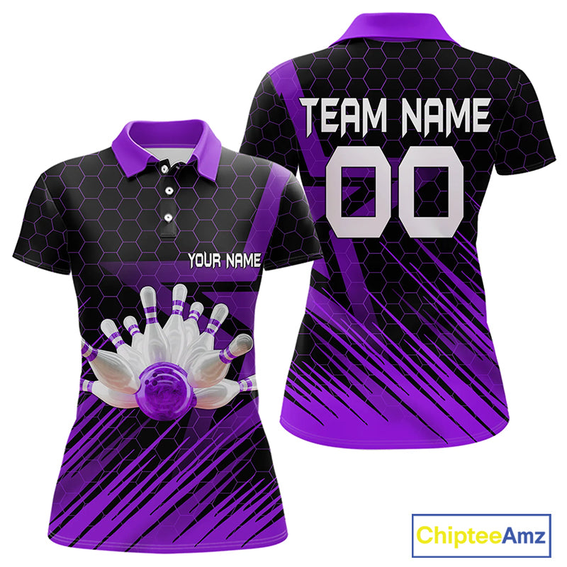 Black And Purple Custom Bowling Polo, Quarter Zip Shirts For Women, Bowling Team League Jersey NQS9811