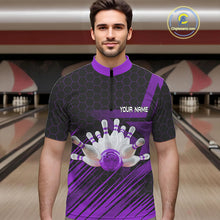 Load image into Gallery viewer, Black And Purple Custom Bowling Polo, Quarter Zip Shirts For Men, Bowling Team League Jersey NQS9811