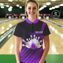 Load image into Gallery viewer, Black And Purple Custom Bowling Polo, Quarter Zip Shirts For Women, Bowling Team League Jersey NQS9811