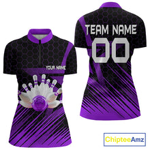 Load image into Gallery viewer, Black And Purple Custom Bowling Polo, Quarter Zip Shirts For Women, Bowling Team League Jersey NQS9811
