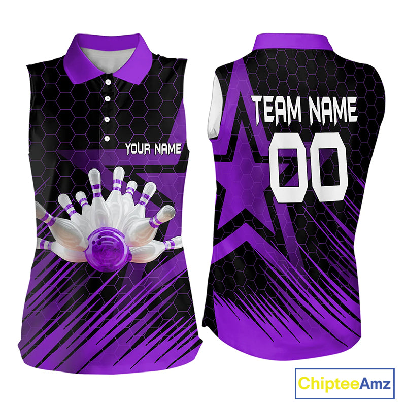 Black And Purple Custom Bowling Women Sleeveless Polo Shirt, Bowling Team League Jersey NQS9811