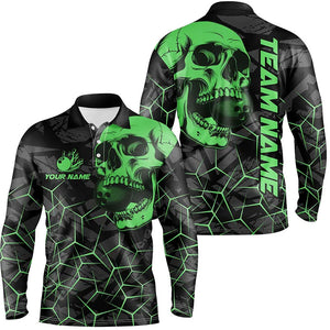 Black Skull camo bowling shirt for men custom bowling team jerseys, gifts for bowlers | Green NQS7715