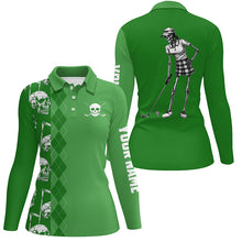 Load image into Gallery viewer, Green skull argyle pattern custom Women golf polo shirts, women&#39;s golf tops NQS7720