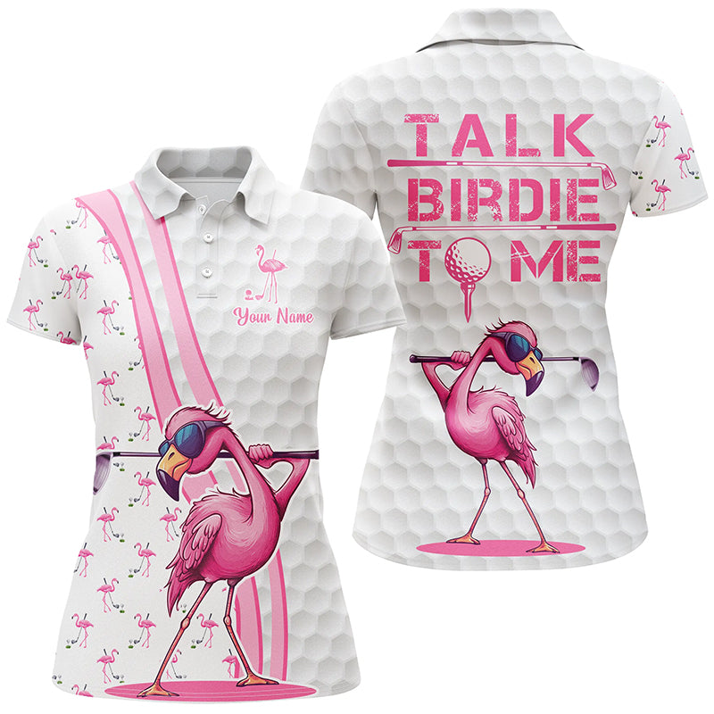 Funny Womens golf polo shirt custom pink and white flamingo golf shirts talk birdie to me NQS8610