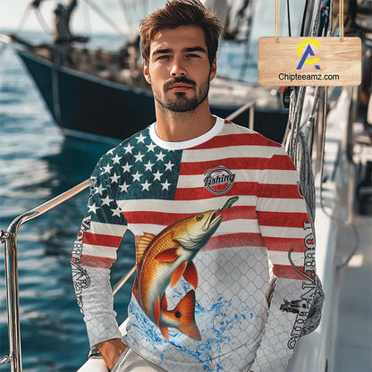 American Flag Redfish Puppy Drum Fishing Custom Redfish Fishing tournament Shirt patriotic jersey NQS10982