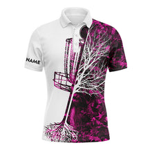 Load image into Gallery viewer, Mens disc golf polo shirt custom name pink camo disc golf basket, personalized disc golf shirts NQS4632