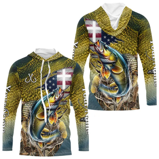 Walleye Fishing Scales Camo American Flag Faith patriotic Custom UV protection long sleeves shirts NQS9310