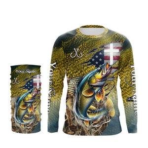 Walleye Fishing Scales Camo American Flag Faith patriotic Custom UV protection long sleeves shirts NQS9310