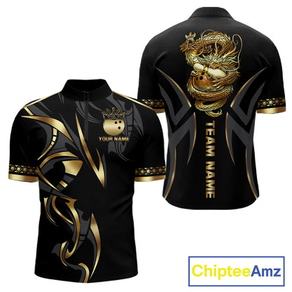 Black and Gold Dragon Bowling ball Polo, Quarter Zip Shirts for Men Custom Bowling Team jerseys NQS11579
