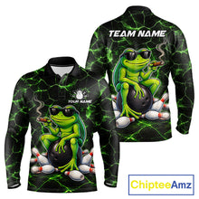 Load image into Gallery viewer, Black &amp; Green Funny Frog Bowling Polo, 1/4 zip Shirts for Men Custom Team Frog Bowling League Jersey NQS11583